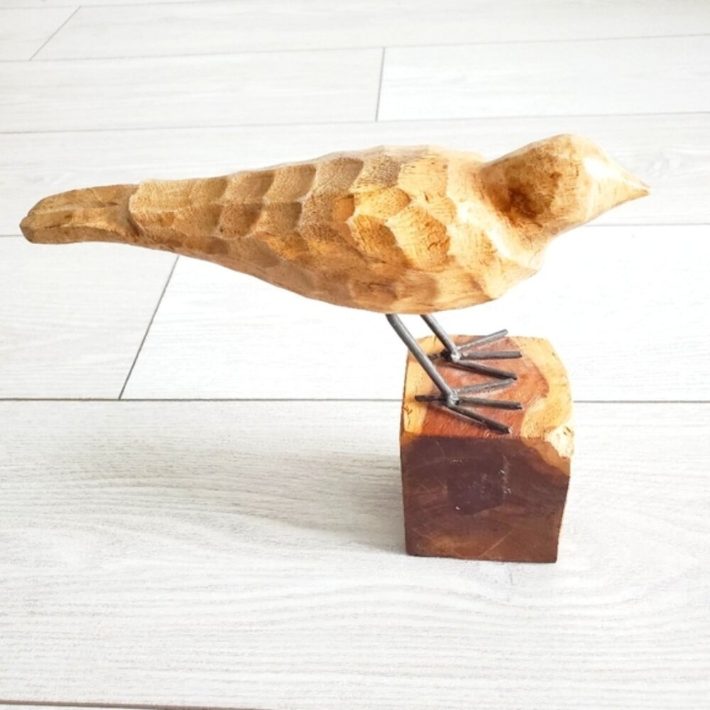 Vintage Carved Driftwood bird on Wood Block Metal Legs Folk Art Nautical